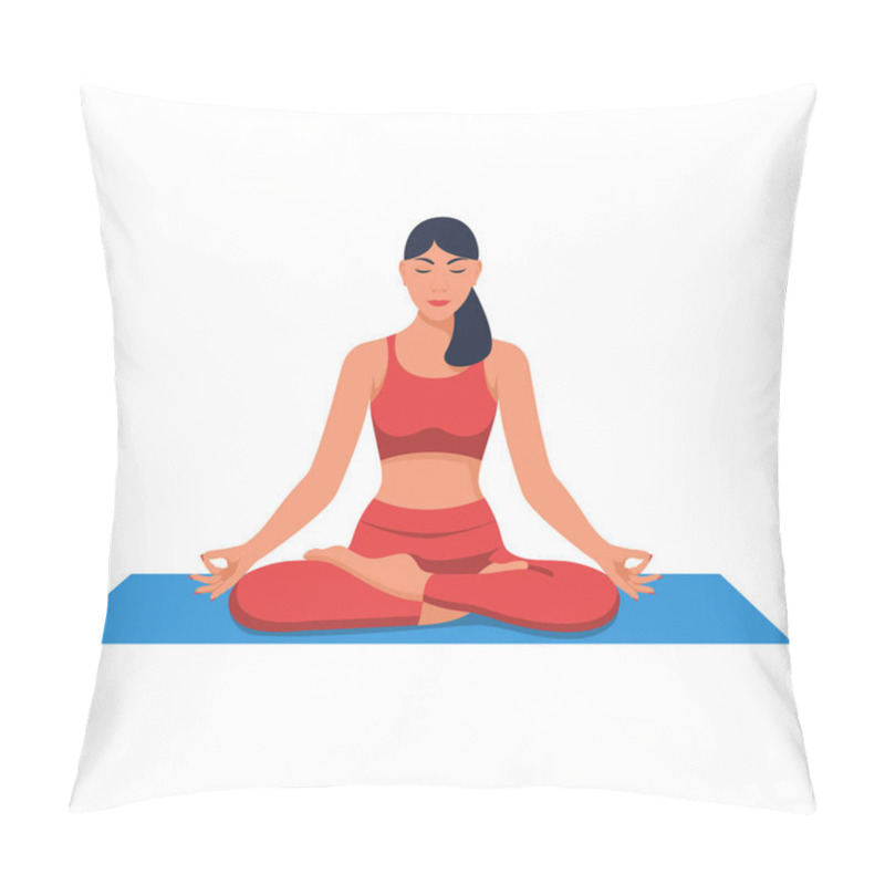 Personality  A Young Girl Does Yoga. International Yoga Day. Nice Woman In Lotus Position. Meditation Concept. Relaxation And Rest. Healthy Lifestyle. Vector Illustration Flat Design. Isolated On White Background. Pillow Covers