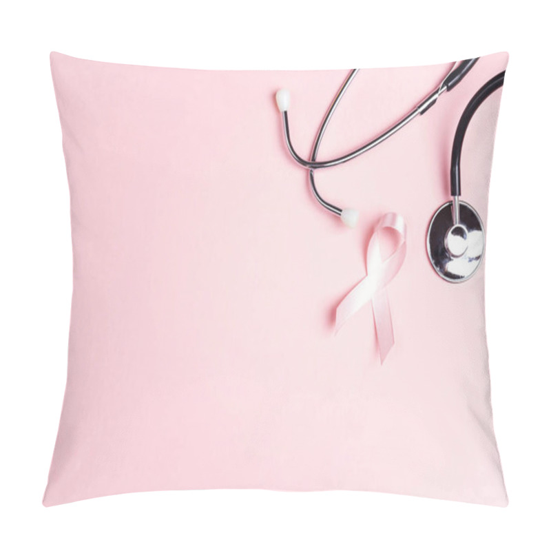 Personality  Pink Ribbon And Stethoscope On Pink Background With  Copy Space. Breast Cancer Awareness Symbol. October Awareness Month Campaign. Pillow Covers