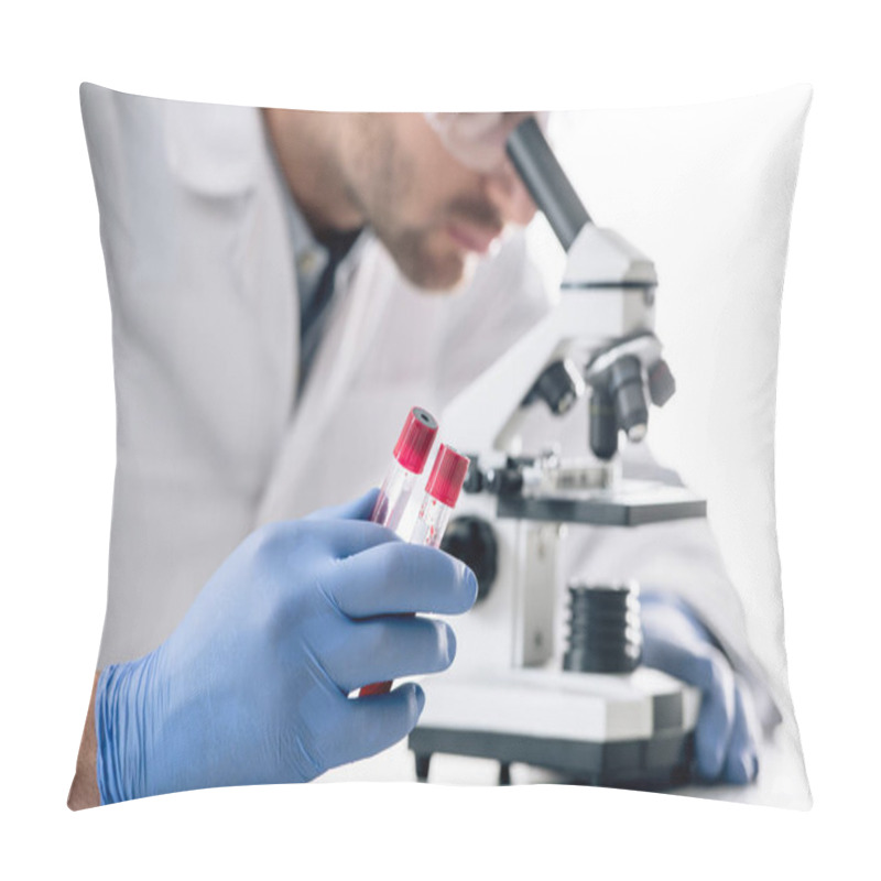 Personality  Cropped View Of Genetic Consultant  Holding Test Tubes And Using Microscope  Pillow Covers