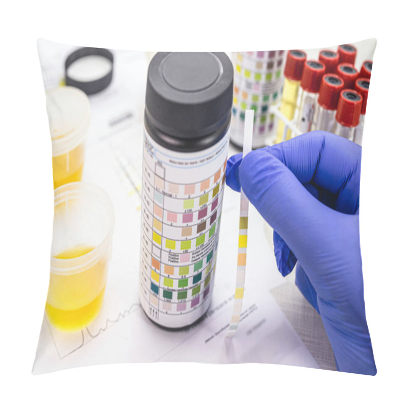 Personality  Urine Test, Made With A Vial Of Urinalysis Reagent Strip Used For Ketosis Control, Laboratory Examination. Pillow Covers