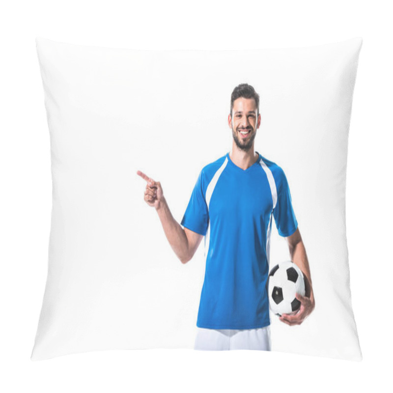 Personality  Happy Soccer Player With Ball Pointing With Finger Isolated On White Pillow Covers