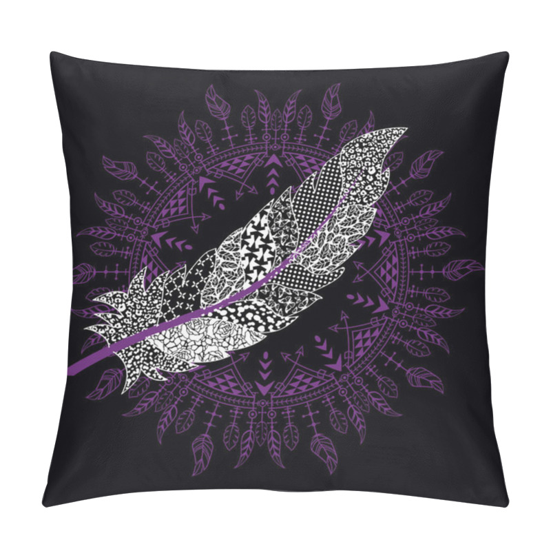 Personality  T-shirt Design Of A Large White Feather On A Mandala Of Violet Feathers On A Black Background. Pillow Covers