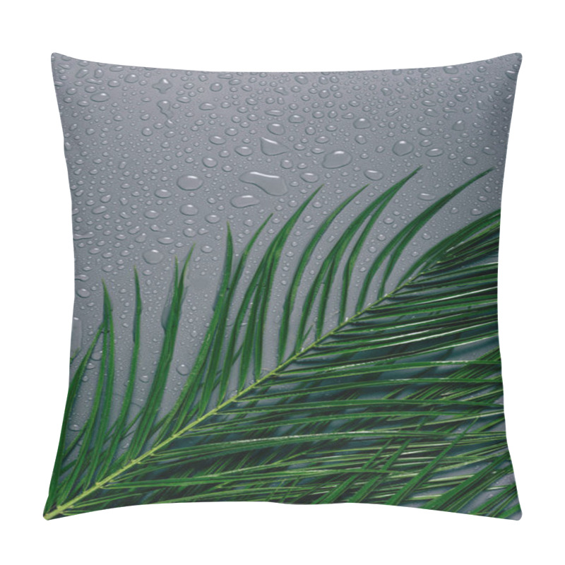 Personality  Flat Lay With Exotic Palm Leaves With Water Drops Arranged On Grey Backdrop Pillow Covers