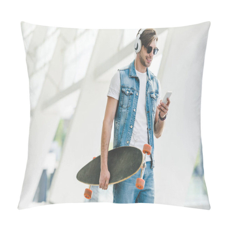 Personality  Handsome Young Man With Longboard Using Smartphone On Street Of Modern City Pillow Covers