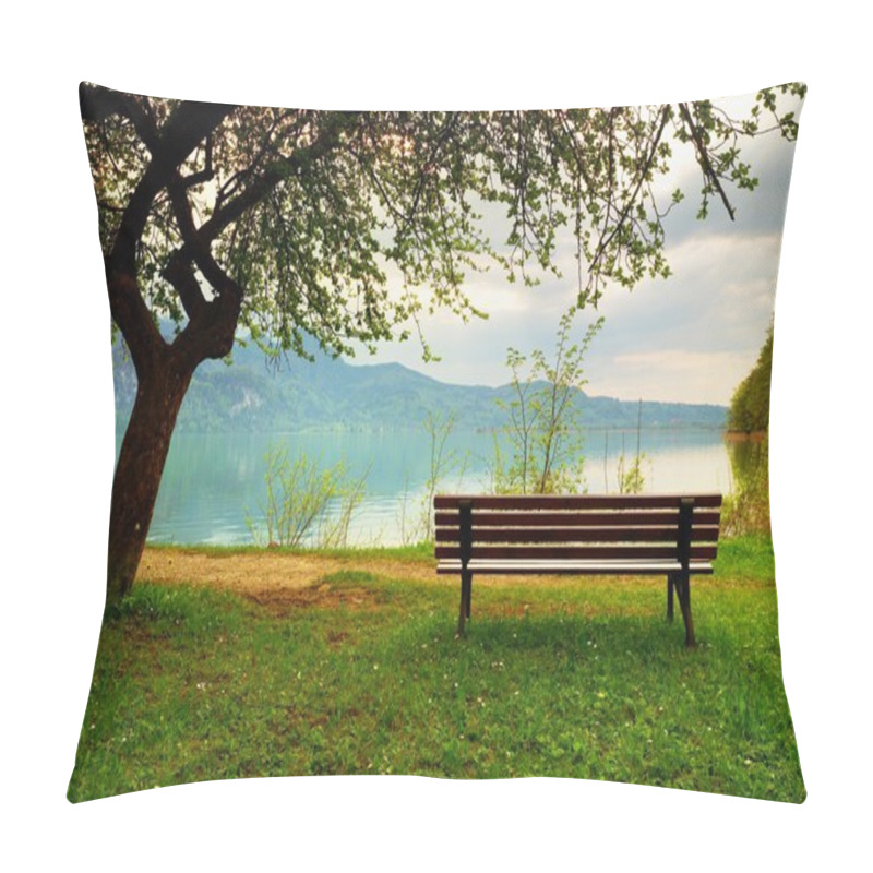 Personality  Wooden Bench For Relaxing On Shore. View On Alps Mountains With White Peaks Mirror Pillow Covers