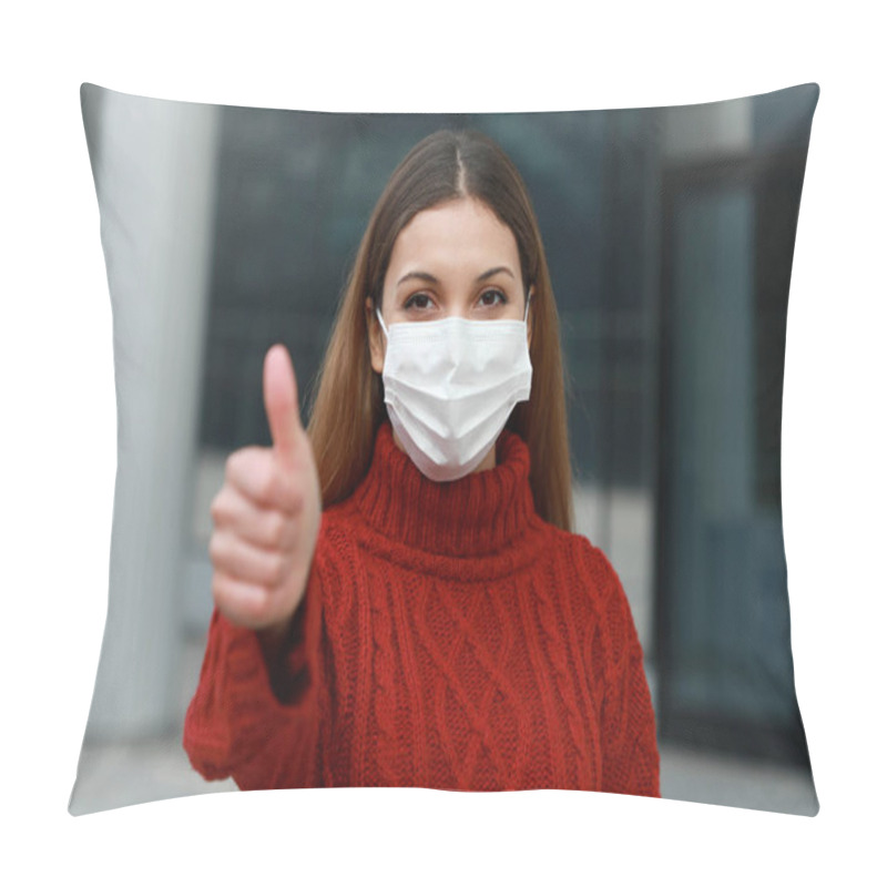 Personality  COVID-19 Optimistic Young Woman Wearing Protective Mask Showing Thumbs Up In City Street Ready For The Vaccination Campaign Against Coronavirus Disease 2019 (Sars-Cov-2) Pillow Covers