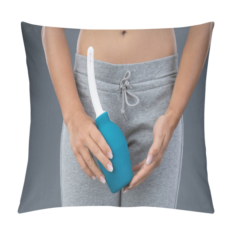 Personality  Woman Holding Vaginal Wash Against Gray Background Pillow Covers