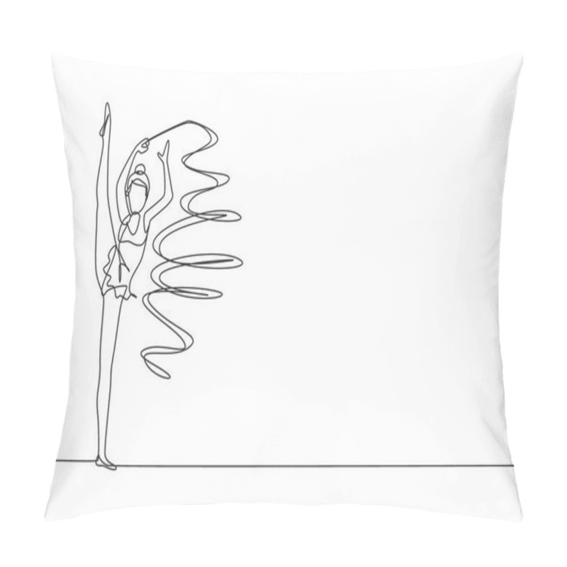 Personality  Single Continuous Line Drawing Of Young Beauty Professional Gymnast Girl Perform Dance With Ribbon. Rhythmic Gymnastic Training And Stretching Concept. Trendy One Line Draw Design Vector Illustration Pillow Covers