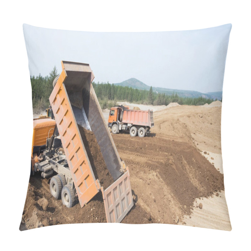 Personality  A Dump Truck Unloads Clay On A Sunny Summer Day. Pillow Covers