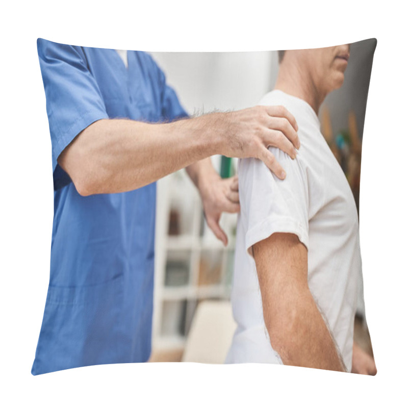 Personality  Cropped View Of Dedicated Doctor In Blue Robe Helping His Mature Patient To Rehabilitate In Ward Pillow Covers