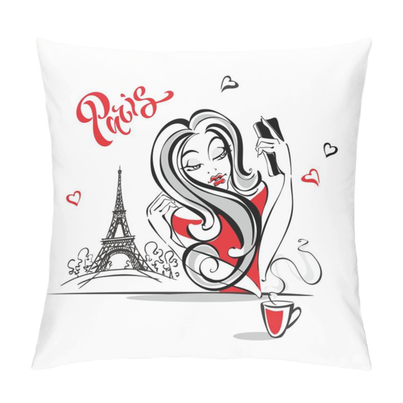 Personality  A Girl In Paris Doing A Selfie. Photographed Against The Backdrop Of The Eiffel Tower. Tourist. Beautiful Parisian. Fashion Model. Vector Illustration. Pillow Covers