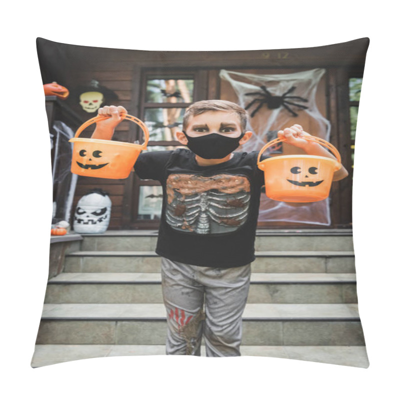 Personality  Boy In Skeleton Costume And Black Medical Mask Holding Halloween Buckets Near Blurred Cottage Pillow Covers