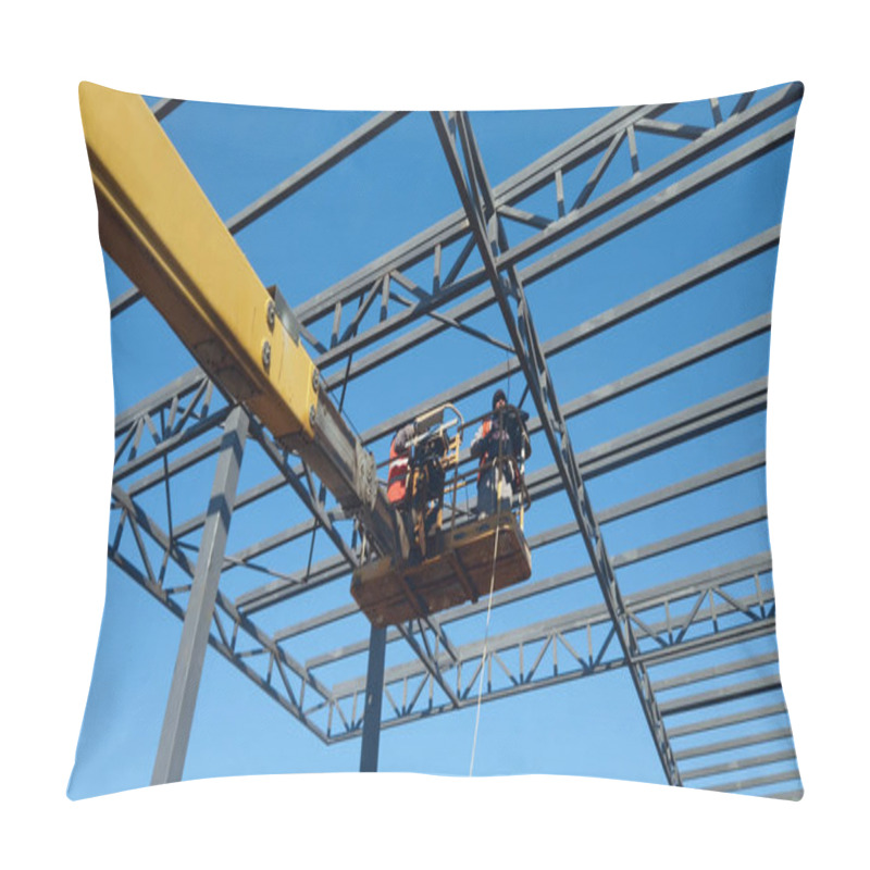 Personality  Rigger Is In High Elevated Cherry Picker, He Is Moving Over Construction Site Pillow Covers