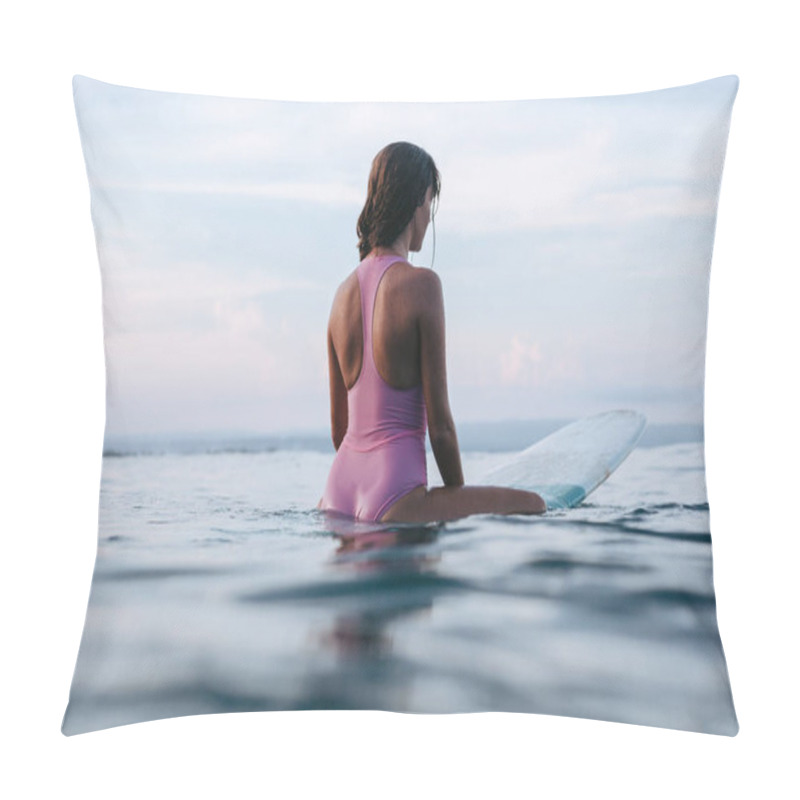 Personality  Back View Of Young Sportswoman Sitting On Surfboard In Water   Pillow Covers