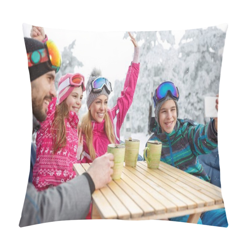 Personality  Skiing Family In Cafe Making Photo While Resting Pillow Covers