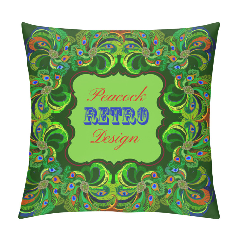 Personality  Green Frame With Painted Peacock Feathers And Retro Label Pillow Covers