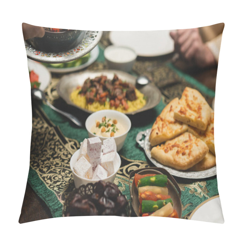 Personality  Cropped View Of Delicious Food Near Muslim Family During Ramadan Dinner  Pillow Covers