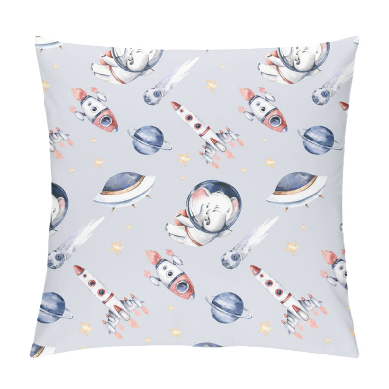 Personality  Astronaut Seamless Pattern. Universe Kids Baby Boy Girl Elephant, Fox Cat And Bunny, Space Suit, Cosmonaut Stars, Planet, Moon, Rocket And Shuttle Watercolor Space Ship Background. Pillow Covers