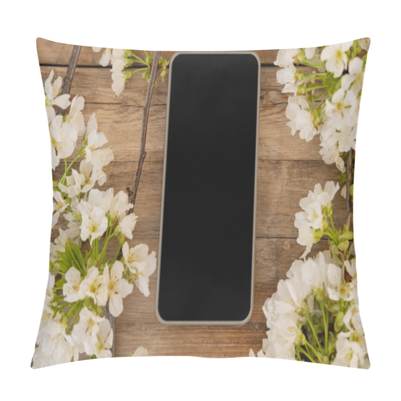 Personality  Blooming Cherry Branches On Wood, Smart Phone With Blank Screen Mobile Fresh Spring Flowers In Soft Light For Seasonal Designs And Spring Themes Pillow Covers