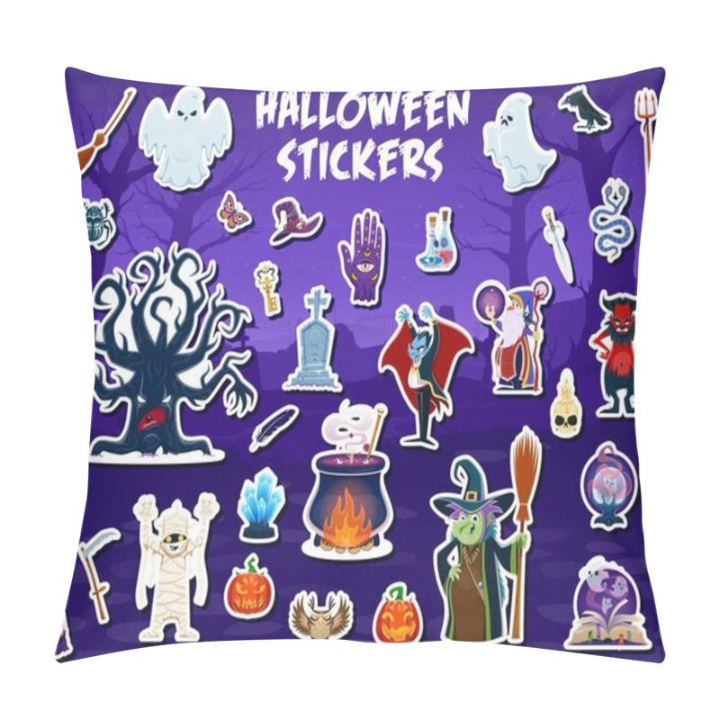 Personality  Cartoon Halloween Characters Stickers Of Funny Monsters For Horror Night Holiday, Vector Icons. Halloween Stickers Of Boo Ghost, Witch With Broomstick And Owl, Mummy With Devil And Zombie Hand Pillow Covers