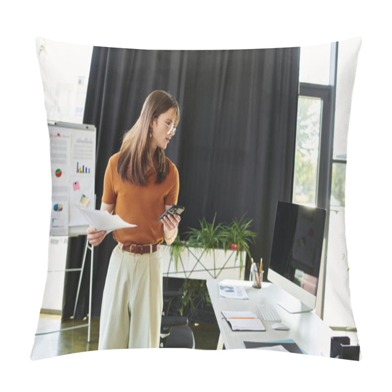 Personality  A Young Non Binary Individual Organizes Documents While Focused On Their Smartphone In An Office. Pillow Covers