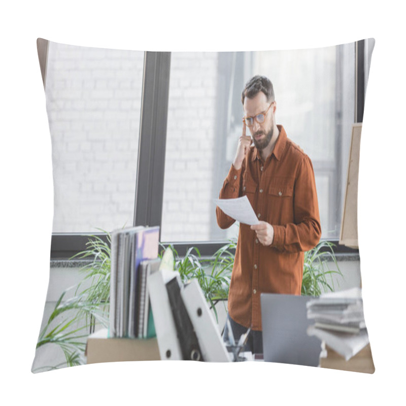 Personality  Thoughtful And Busy Businessman In Eyeglasses Looking At Document While Standing Next To Work Desk With Laptop, Plenty Of Books, Notebooks, Folders And Corkboard With Sticky Note On Background Pillow Covers