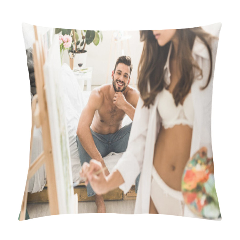 Personality  Cropped View Of Sexy Girl In White Underwear Drawing While Shirtless Man Smiling And Sitting In Bed  Pillow Covers