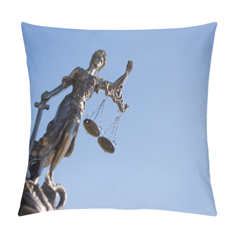 Personality  Sculpture Of Themis, Femida Or Justice Goddess On Bright Blue Sky Background Pillow Covers