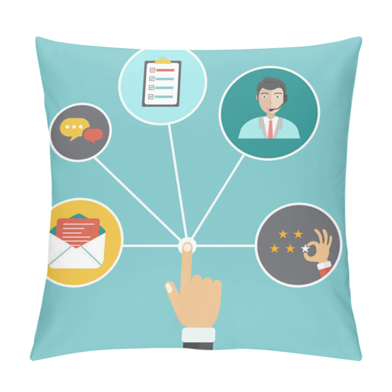 Personality  Male Hand Presenting Customer Relationship Management. System For Managing Interactions With Current And Future Customers. Flat Vector Illustration. Pillow Covers