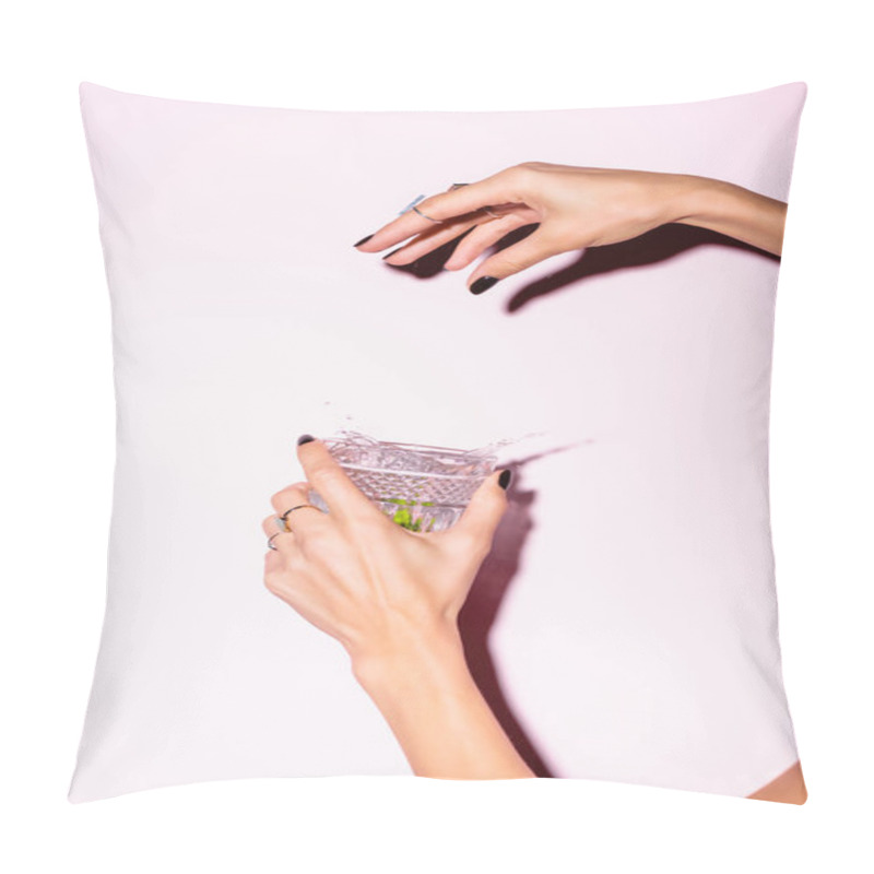 Personality  Cropped View Of Woman Throwing Lime In Glass With Alcohol Drink On White Pillow Covers