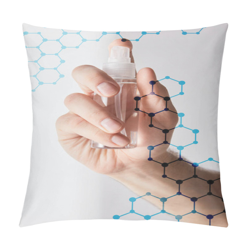 Personality  Cropped View Of Man Holding Hand Sanitizer In Spray Bottle On Grey Background, Molecule Structure Illustration Pillow Covers