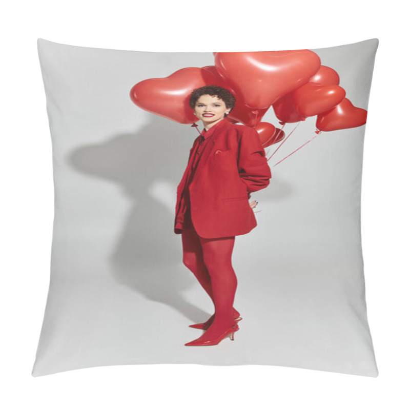 Personality  A Stylish Young Woman Poses Gracefully, Holding Bright Heart Shaped Balloons In Vibrant Red. Pillow Covers