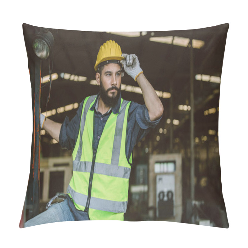 Personality  Hispanic Male Staff Worker In Heavy Industry. Arab Indian Engineer Man Working In Warehouse Looking Smart. Pillow Covers