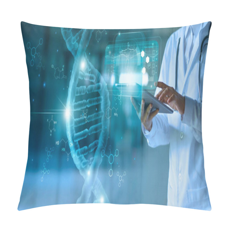 Personality  Medicine Doctor Touching Electronic Medical Record On Tablet. DNA, Digital Healthcare Pillow Covers