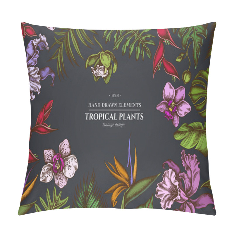 Personality  Floral Design On Dark Background With Monstera, Banana Palm Leaves, Strelitzia, Heliconia, Tropical Palm Leaves, Orchid Pillow Covers