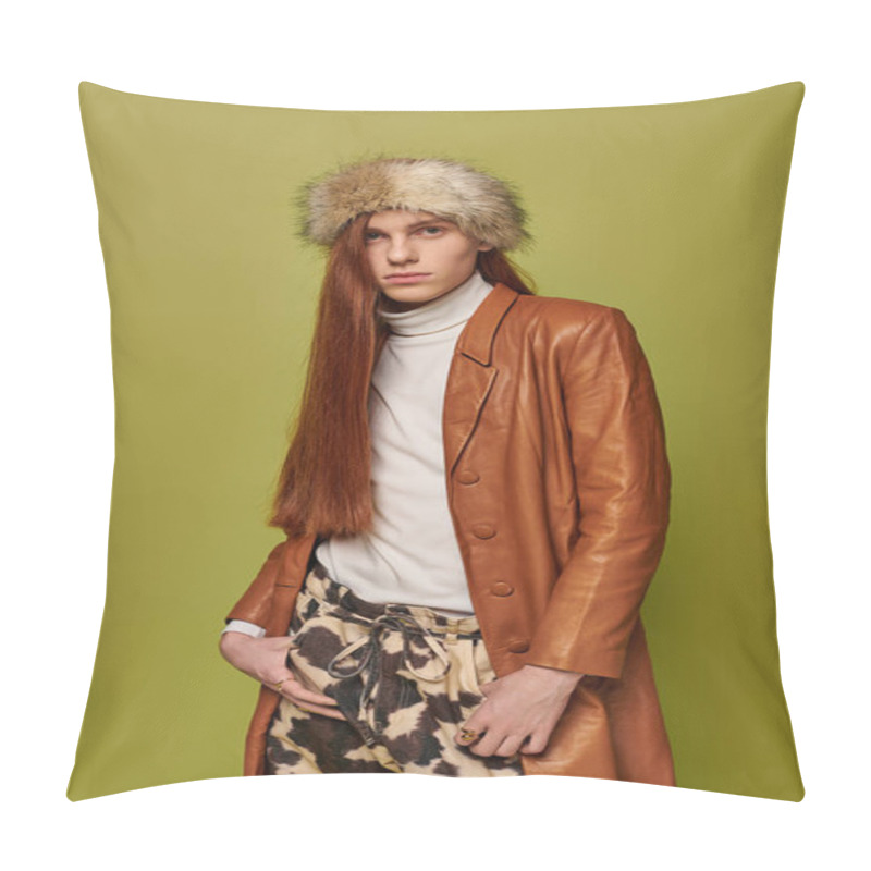 Personality  A Young Man With Long Red Hair Displays A Range Of Emotions While Dressed In Fashionable Clothing. Pillow Covers