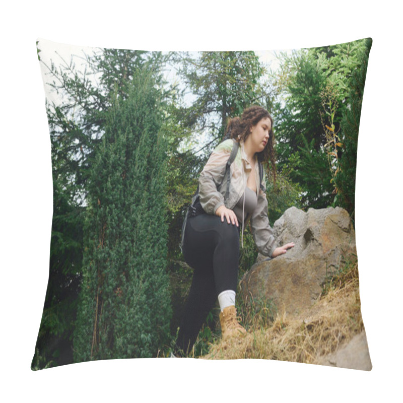 Personality  A Plus Size Woman Engages With Nature As She Climbs Over Rocks In A Scenic Outdoor Setting. Pillow Covers