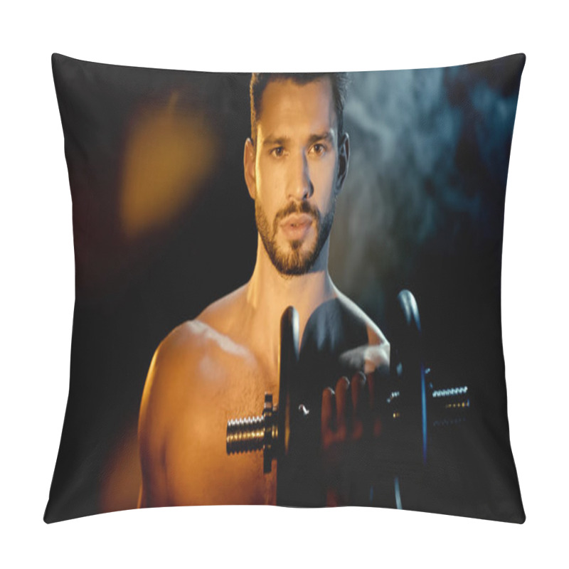 Personality  Shirtless And Muscular Sportsman Training With Dumbbell Near Smoke On Black Pillow Covers