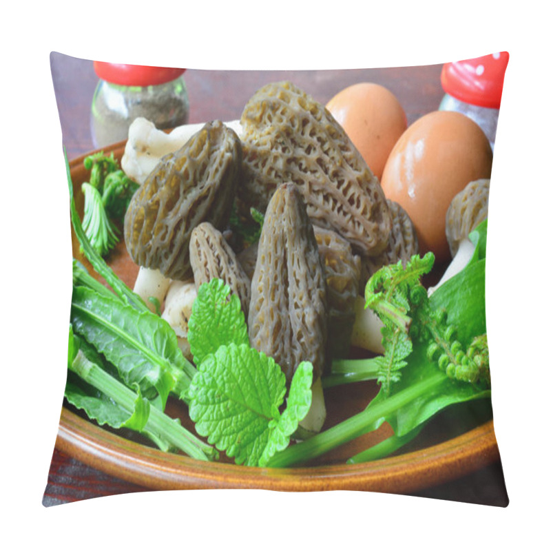 Personality  Enhanced  Forester's Vitamin Breakfast, Spring Mushrooms And Plants, Black Morels, Eggs, Salt And Pepper, Wild Onion Leaves, Young Fern, Lemon Balm And Other Spring Wild Plants, Close Up View Pillow Covers