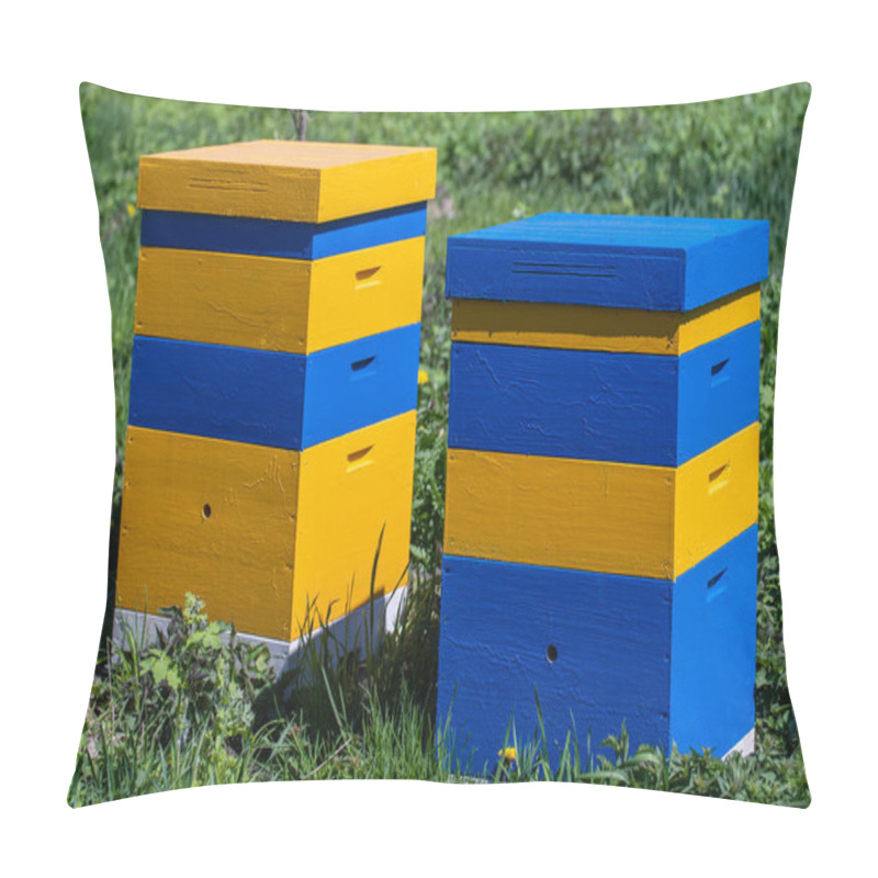 Personality  Two New Set Of Yellow-blue Wooden Beehive In The Spring Garden, Close Up Pillow Covers