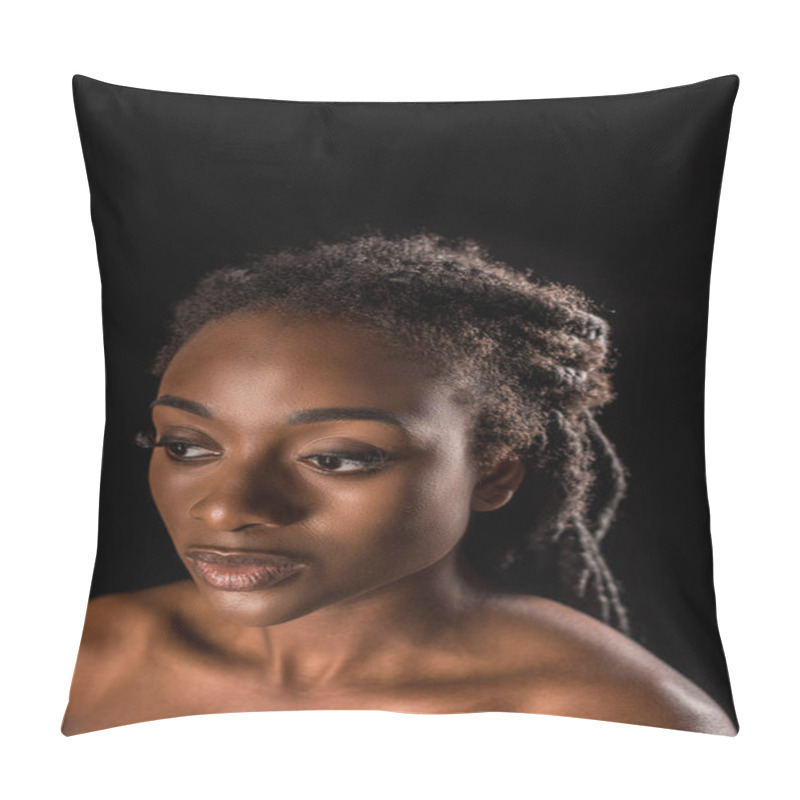 Personality  Portrait Of Beautiful Young African American Woman Looking Away Isolated On Black Pillow Covers