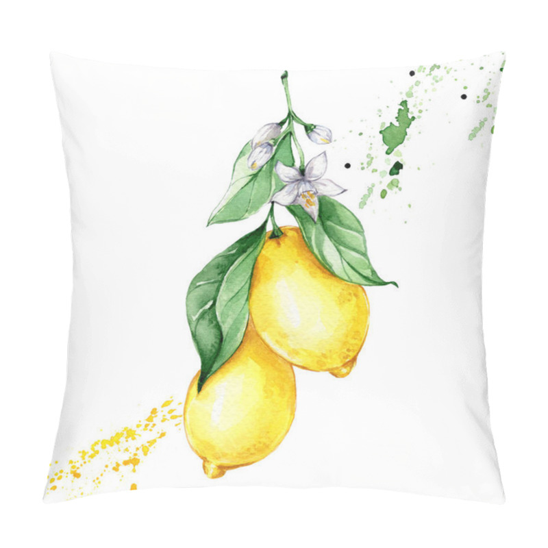 Personality  Kitchen Poster Yellow Juicy Lemons And Green Leaves And Paint Splashes; Watercolor Hand Draw Illustration; With White Isolated Background Pillow Covers