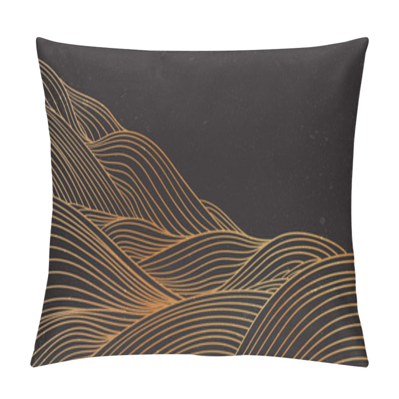 Personality  Hand Drawn Wave Element With Japanese Pattern Vector. Oriental Gold Line Decoration With Black Banner Design, Flyer Or Presentation In Vintage Style. Ocean Sea Elements. Mountain Landscape Background Pillow Covers