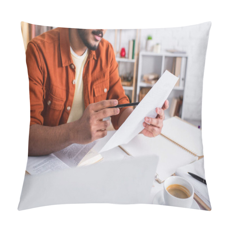 Personality  Cropped View Of Copywriter Holding Paper Near Notebooks And Laptop At Home  Pillow Covers