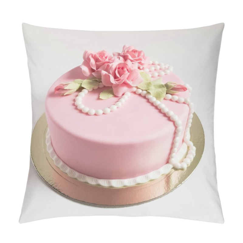 Personality  Pink Birthday Fondant Cake With Edible Sugar Roses, Grean Sweet Leaves, Sugar Beads Pillow Covers