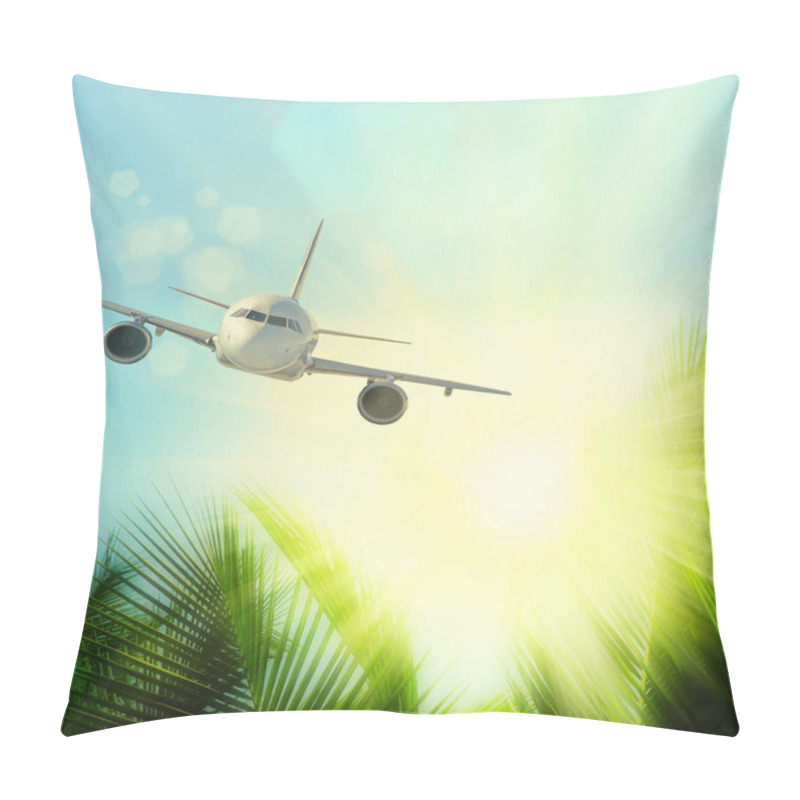 Personality  Travel Concept With Aircraft, Clouds And Palm Trees Pillow Covers