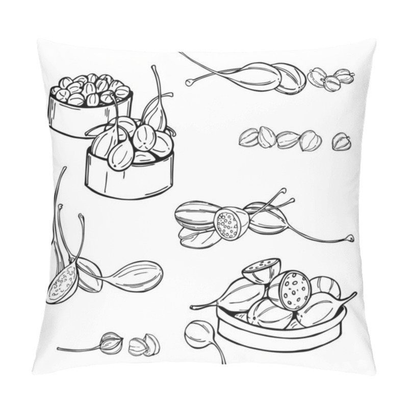 Personality  Hand Drawn Edible Fruits And Buds Of Capers.  Vector Sketch Illustration. Pillow Covers