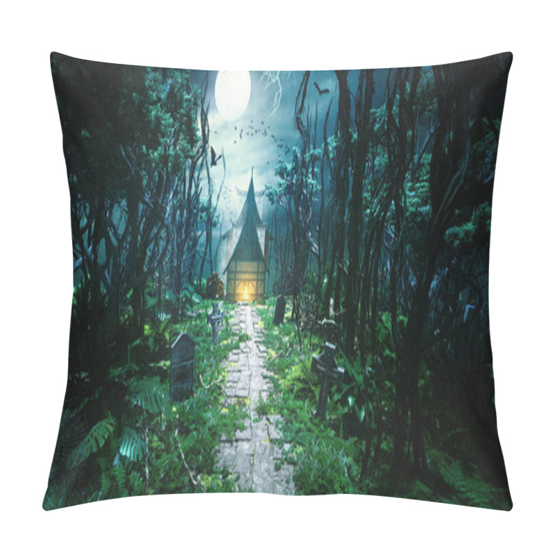 Personality  3D Render Of Mysterious Forest With Path And House In Background. Foggy Full Moon Scene With Bats And Bird Silhouettes In Air. Pillow Covers