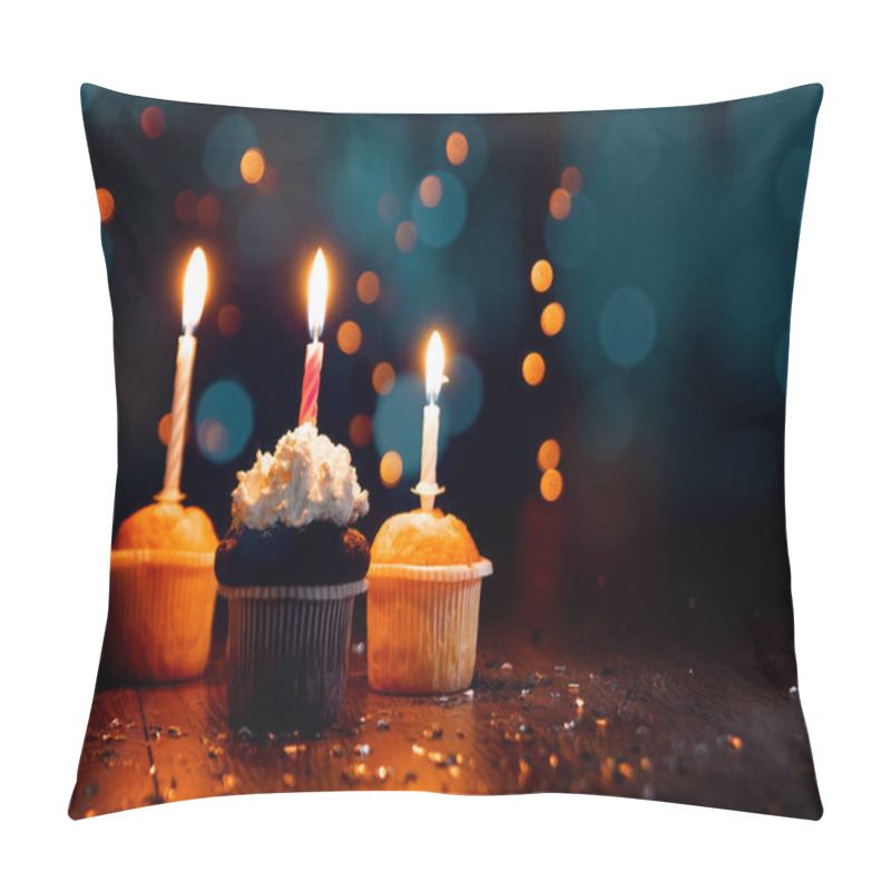 Personality  Creative Background, Cupcake With Candles, Beautiful Bokeh. Happy Birthday. Present. Concept For Holiday Card, Flyer, Background. Copy Space Pillow Covers