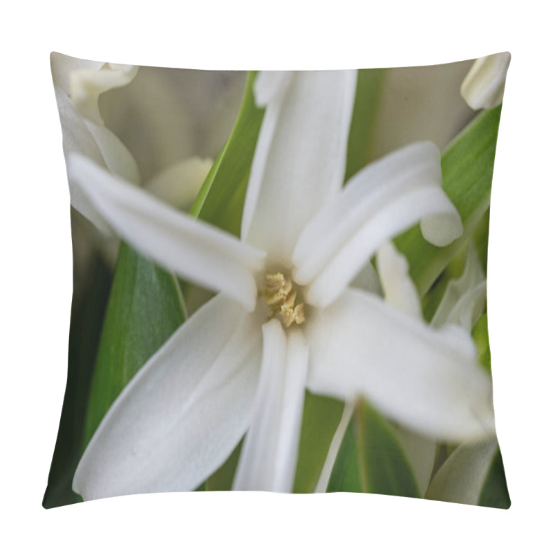 Personality  A Stunning Close-up Captures Delicate White Flowers Emerging Among Vibrant Green Leaves, Highlighting The Beauty Of Nature In Spring. Pillow Covers